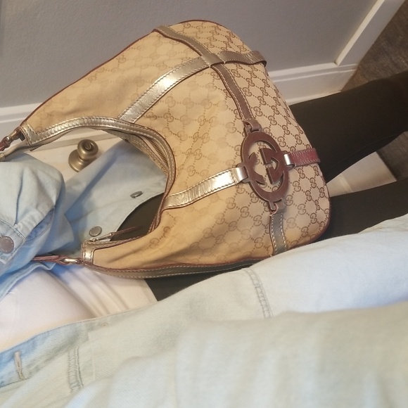 Gucci Monogram Hobo Leather Canvas Beige and Champagne Gold Women's Soulder Bag - Picture 1 of 17